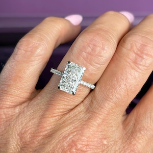 3.50 Carat Total Radiant Cut Lab Grown Diamond Solitaire Engagement Ring, Platinum Hidden Halo Ring