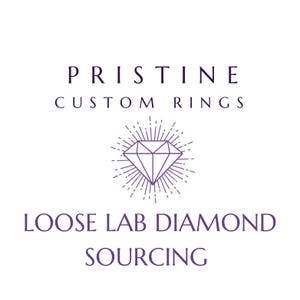 May include: White background with text and a diamond graphic. The text reads "PRISTINE CUSTOM RINGS" above a diamond graphic with radiating lines. Below the graphic, the text says "LOOSE LAB DIAMOND SOURCING."