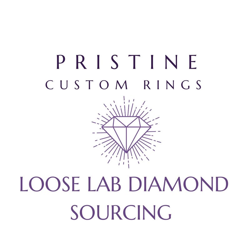 May include: White background with text and a diamond graphic. The text reads "PRISTINE CUSTOM RINGS" above a diamond graphic with radiating lines. Below the graphic, the text says "LOOSE LAB DIAMOND SOURCING."