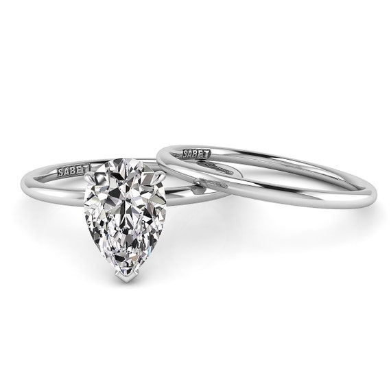 1.50 Carat Pear Lab Diamond Ring Set: 18kt White Gold Hidden Halo -IGI Certified 