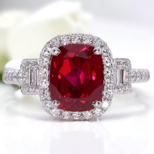 Lab Grown Ruby Diamond Halo Ring - 14k White Gold Anniversary Ring