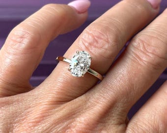 2 Carat Oval Lab Grown Diamond Solitaire Ring: 14k White Gold Basket Setting