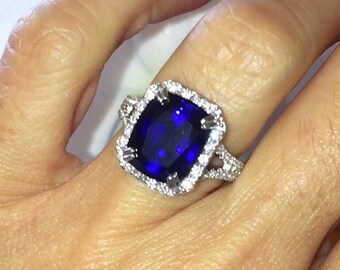 Vibrant Blue Sapphire Engagement Ring, Long Cushion Sapphire Ring, .90ct Natural Diamond Halo Wedding Ring Giftable Items