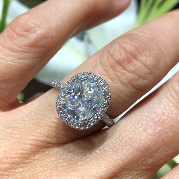 Crushed Ice Cushion Cut Moissanite Engagement Ring .65ct Diamond Martini Falling Halo Ring Pristine Custom Rings