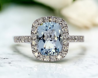 Natural Cushion Cut Aquamarine Diamond Engagement Ring, classic pave Halo Wedding Ring, Birthstone Jewelry, Pristine Custom Rings