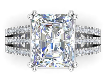 Large Radiant Cut Moissanite Engagement Ring, Triple Row Split Shank Ring, Ethically Sourced Jewelry by pristine custom rings