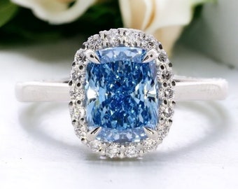 2.09 Carat Cushion Fancy Vivid Blue Diamond, Rare Color, Diamond Halo Setting, Platinum Anniversary Ring, IGI Certified- Rings In Stock