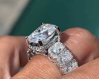 8 Carat Elongated Cushion Cut Lab Diamond Ring: 14k White Gold Hidden Halo (IGI Certified)