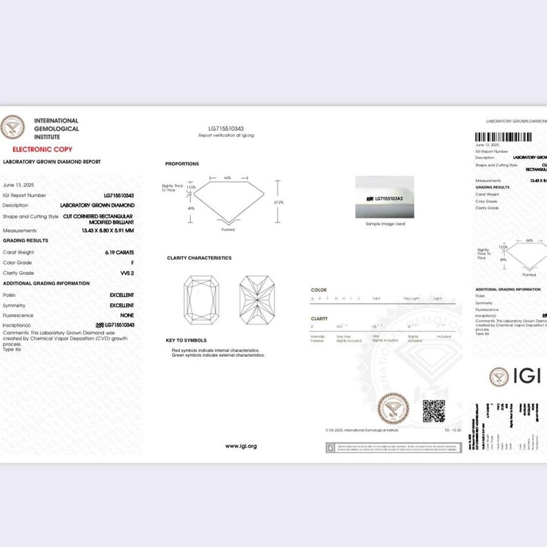 Pu&ograve; includere: Un rapporto del laboratorio dell'International Gemological Institute per un diamante coltivato in laboratorio da 6,19 carati con taglio rettangolare modificato. Il documento specifica colore F, purezza VVS2, ottima lucidatura e simmetria, numero LG715510343.