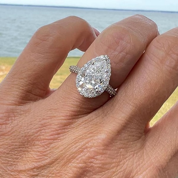 3.06 Carat Pear Cut Lab Diamond Engagement Ring: 18k White Gold Halo -IGI Certified 