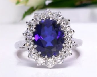 3.90 Carat Vintage Oval Sapphire Diamond Wedding Ring White Gold Halo Anniversary Ring Pristine Custom Rings