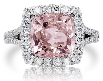 Förlovningsring med rosa kuddslipad morganit: Diamanthalo, 14k vitguld