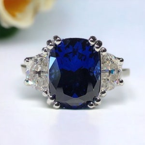 6 Carat Cushion Cut Blue Sapphire Ring, Half Moon Moissanite 3 Stone Ring, Pristine Custom Rings Ethically Sourced Jewelry