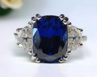 6 Carat Cushion Cut Blue Sapphire Ring, Half Moon Moissanite 3 Stone Ring, Pristine Custom Rings Ethically Sourced Jewelry