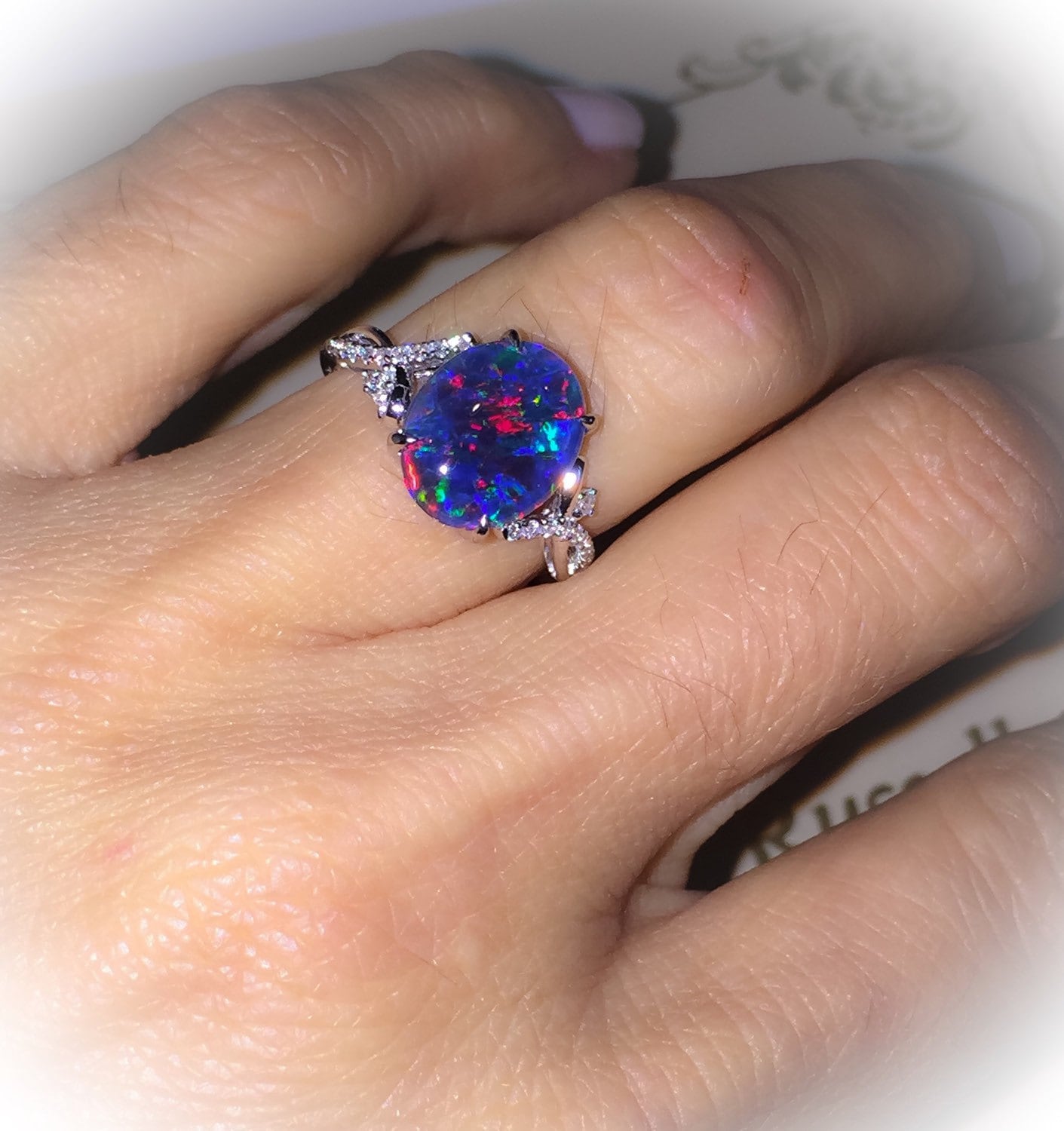 Natural Australian Opal Ring set with Diamonds - Ruby Lane