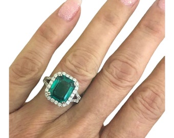 Green Emerald Engagement Ring, .90ct Real Diamond Halo Setting,Unique  Wedding Anniversary Ring , Handcrafted Jewelry Giftable Items