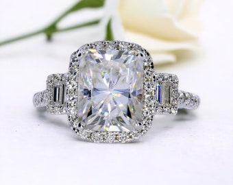 Three Stone Radiant Cut Moissanite Engagement Ring,  .54ct Natural Diamond Anniversary Ring Upgrade, by Pristine Custom Rings