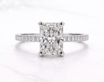 3 Carat FVS1 Radiant Cut Lab Grown Diamond Engagement Ring: Platinum Hidden Halo