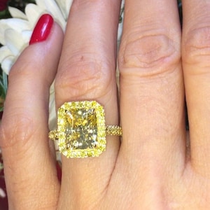 Yellow Diamond Engagement Ring, Radiant Cut Yellow Diamond Simulate ,Butterfly Halo Diamond Ring,Yellow Gold ,Pristine Custom Rings