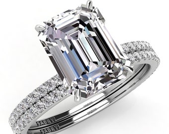 Emerald Cut Moissanite Ring with Matching Wedding Band, 18kt White Gold, petite pave band, handcrafted jewelry