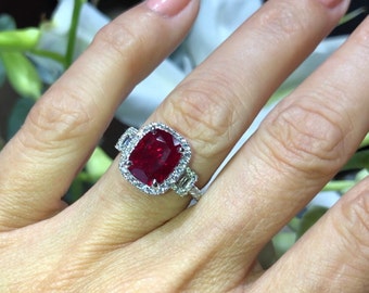 Ruby Diamond Engagement Ring, 4.20Carat Diamond Halo Wedding Ring, Three stone Ring Anniversary Ring Gift, Pristine Custom Rings