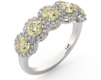 Yellow Moissanite Ring ,5 Stone Halo Ring ,.43ct Genuine Diamonds, Anniversary Band ,Pristine Custom RingsEthically Sourced Jewelry