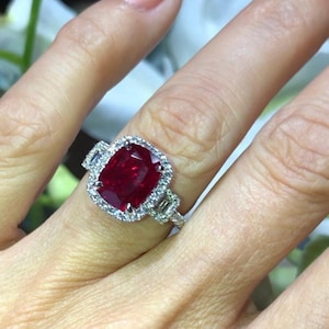 4 Carat Ruby Diamond Engagement Ring, .54ct Diamond Halo Wedding Ring, Three stone Ring Anniversary Ring Gift- Heirloom Personalized Jewelry