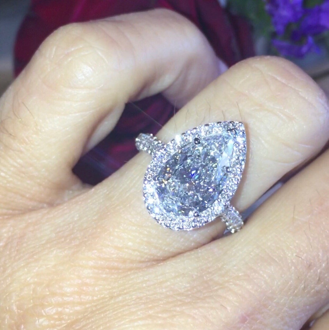 5 Carat Pear Shape Diamond Ring Unique Diamond Halo and Triple Pave ...