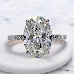 4.50 Carat Total Oval Cut F/VS1 Lab Grown Diamond Engagement Ring, IGI Certified Diamond Pave Hidden Halo Ring