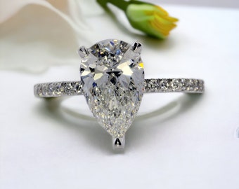 2.50Ct Pear Cut Lab Grown Diamond Ring IGI Certified F/VS1 Diamond Setting Hidden Halo Platinum Setting  by Pristine Custom Rings-In Stock