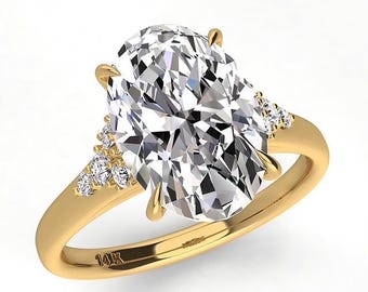 3 Carat Oval Lab Grown Diamond Ring E VVS2 Cathedral Yellow Gold Engagement Ring
