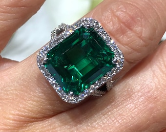 9 Carat Emerald Diamond Ring, .70ct Natural Diamond Halo Wedding Anniversary Cocktail Ring,Pristine Custom Rings