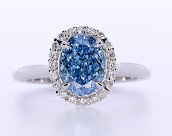 1.94 Carat Oval Fancy Vivid Blue Diamond, Rare Color, Diamond Halo Setting,18k White Gold Anniversary Ring, IGI Certified- Rings In Stock