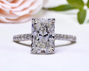 2.25 Carat Radiant Cut Lab Grown Diamond Setting, 14k white gold 15th Anniversary Ring, Hidden Halo Diamond Ring Solitaire