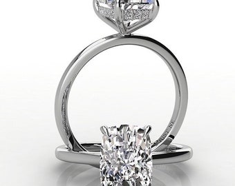 Elongated Cushion Cut Moissanite, Plain Band with Hidden Halo,Solitaire Engagement Ring