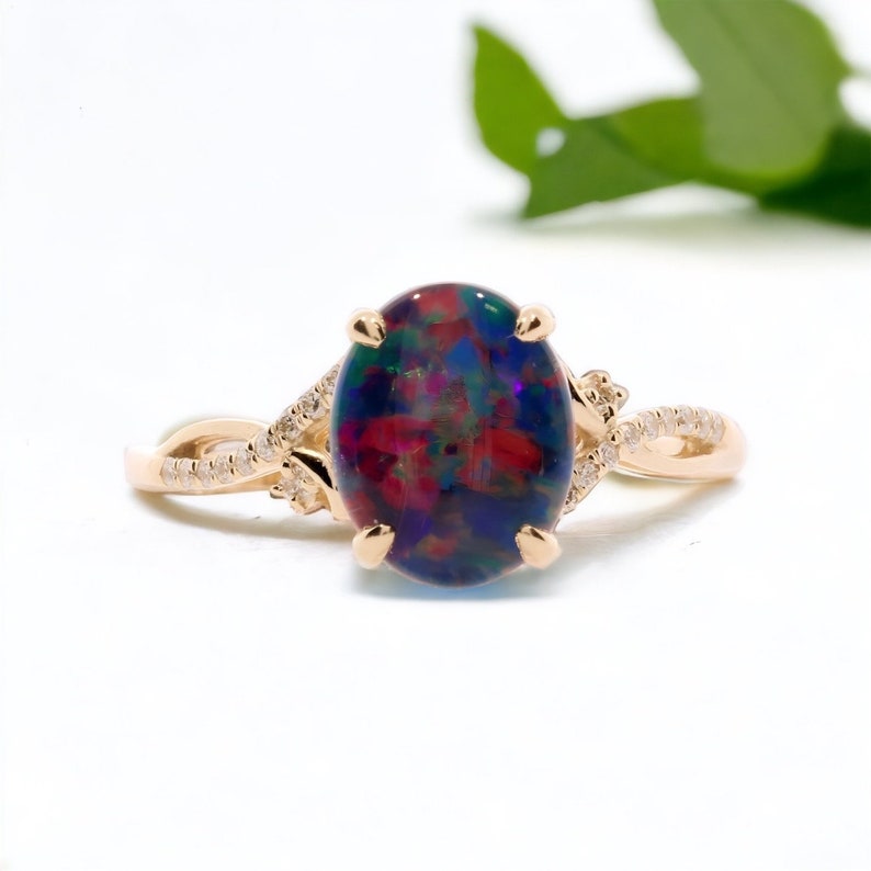 Australian Opal Diamond Ring, .09ct Genuine Diamonds, RARE black Opal Triplet, Fashion Birthstone Anniversary Ring, Pristine Custom Rings 18k rose gold