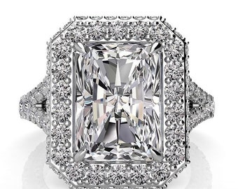 Radiant Moissanite Ring Diamond halo low profile ring, Pristine Custom Rings Ethically Sourced