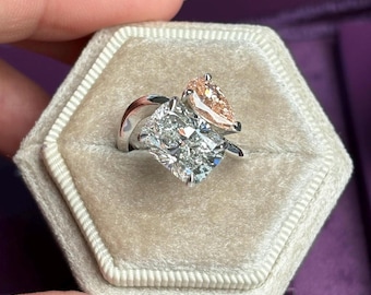 5 Carat Total Toi et Moi Ring Cushion & Fancy Orange Pear Lab Diamonds – 14k White Gold Me and You Engagement Ring
