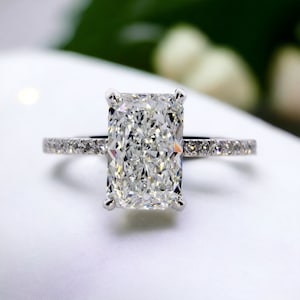 4 Carat Radiant Cut Lab Grown Diamond Engagement Ring: Pave Hidden Halo, F/VS1