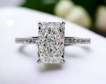 3.53Ct Radiant Cut Lab Grown Diamond Ring, G VS1  Invisible Halo Diamond Setting, Pedestal Style Handcrafted Ring, by Pristine Custom Rings