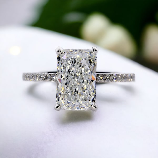 3.53Ct Radiant Cut Lab Grown Diamond Ring, G VS1  Invisible Halo Diamond Setting, Pedestal Style Handcrafted Ring, by Pristine Custom Rings