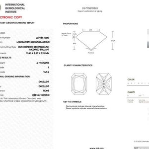 Pu&ograve; includere: Un rapporto di diamante coltivato in laboratorio dell'International Gemological Institute per un diamante da 6,19 carati taglio brillante rettangolare con angoli tagliati, colore F, purezza VVS2, misure 13,43 x 8,80 x 5,91 mm, numero LG715510343.