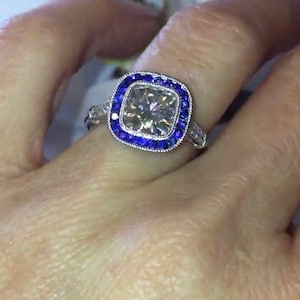Cushion Cut Vintage Engagement Ring lab grown diamond / Sapphire Bezel Halo, Art Deco Gold Ring- Heirloom Personalized Jewelry