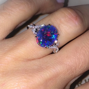 Australian Opal Diamond Ring, .09ct Genuine Diamonds, RARE black Opal Triplet, Fashion October Birthstone Anniversary Ring