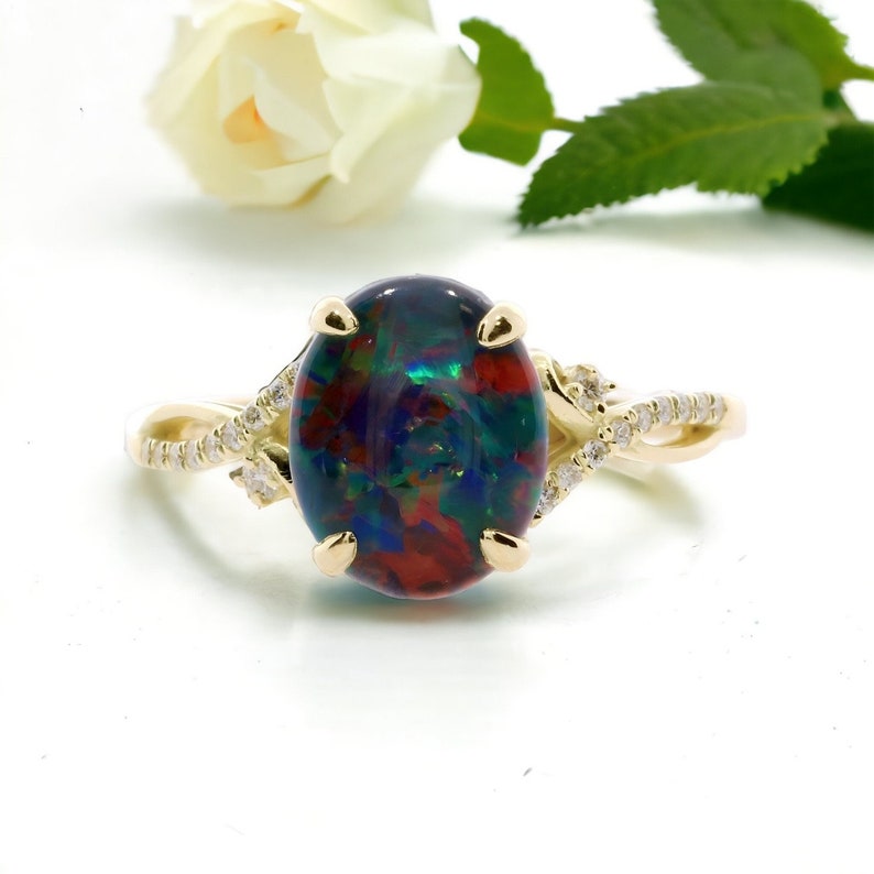 Australian Opal Diamond Ring, .09ct Genuine Diamonds, RARE black Opal Triplet, Fashion Birthstone Anniversary Ring, Pristine Custom Rings 14k yellow gold