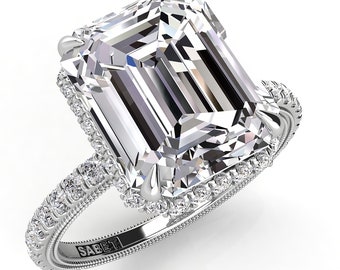 4.0Carat Emerald Cut Engagement Ring, Pave Hidden Halo Wrap, Vintage Style with mill grain, by pristine custom rings