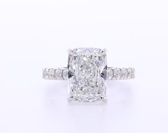 4 Carat Cushion Cut Lab Grown Diamond Engagement Ring: Platinum Hidden Halo, IGI Certified