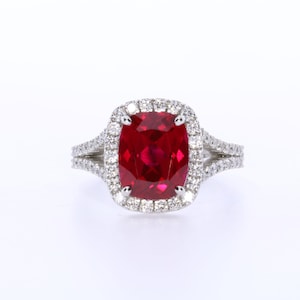 4 Carat Cushion Cut Red Ruby Engagement Ring: Diamond Halo, 14k White Gold