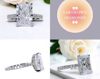 5.00 Carat Radiant Cut EVS1 Lab Diamond IGI Certified Excellent Cut, Radiant Cut Hidden Halo Pave Band, White Gold Setting