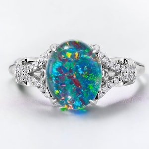 Oval Cut Australian Opal Ring, .12ct Diamonds Rare Super Gem Opal October Birthstone Ring Anniversary Ring- Heirloom Personalized Jewelry